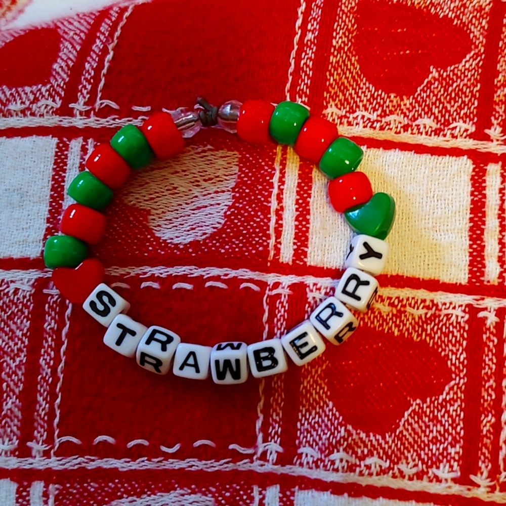 Red and Green Strawberry pony bead bracelet